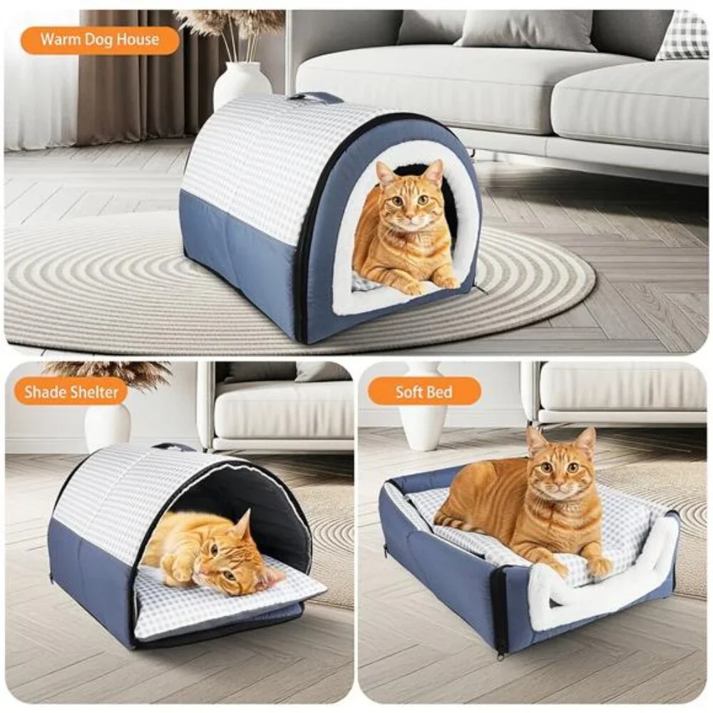 2-in-1 Dog & Cat Bed with Reversible Pillow Soft Warm Cozy Pet House 13.7inch